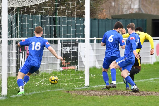 Florian Envoudou Ada scores with a cheeky backheel to put Westfield 1-0 up against Marlow, who hit back to win the 1 April match 3-2.