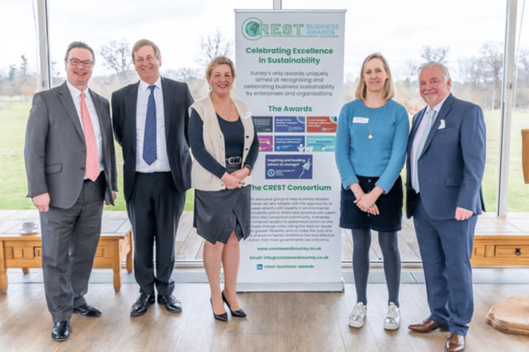 Woking MP Jonathan Lord; Lord Lieutenant of Surrey Michael More-Molyneux; Carol Miller, CREST Awards co-director; Katie Sargent, Surrey County Council Greener Futures group manager and Terry Tidbury, CREST Awards co-director at the launch of this year's awards.