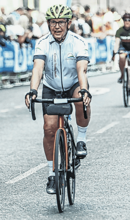 Paul Orrin on Tower Bridge as he completes his ride