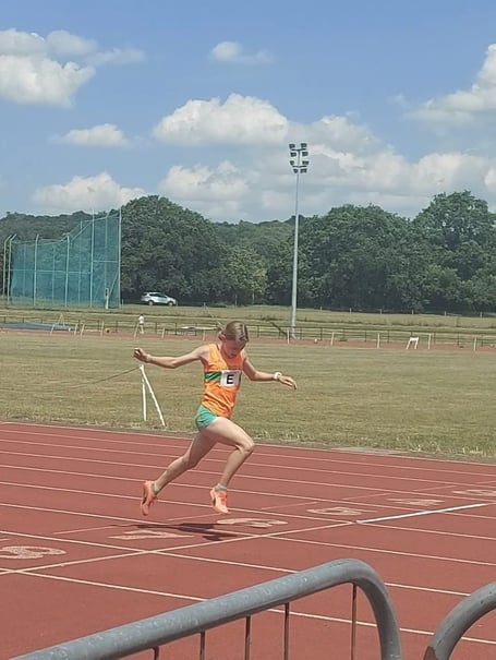 Mia Mosko winning the under-13 girls’ 100m in the Wessex League meeting at Oxford	  