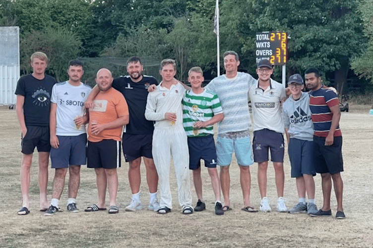 Members of Byfleet’s Sunday side face the camera. Captain Lewis Deven, a former colt with the club, is fourth left
