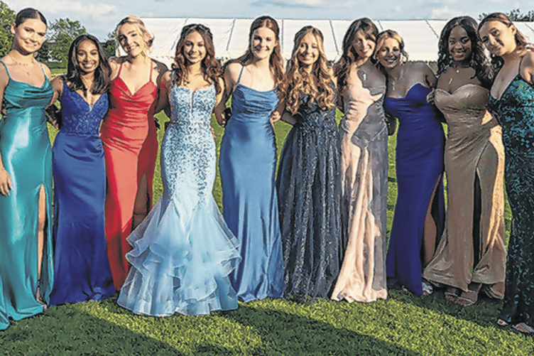 Following their arrivals, students made their way to the Front Field for their leavers’ dinner with staff in the marquee. Pictured (from left) are Ella Richardson, Preethika Vijayakumar, Immie Spink, Lily Osman, Esther Griffiths, Madeleine Moors, Saphie Mills, Anna Unsworth, Jemima Robinson and Izzy Lees