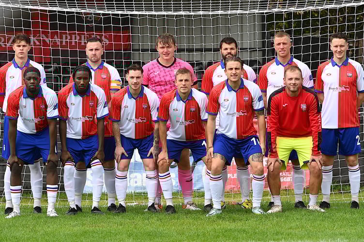Knaphill in their new strip, which celebrates the club’s centenary, before the FA Cup tie with AFC Varndeanians. The Knappers were formed in 1924