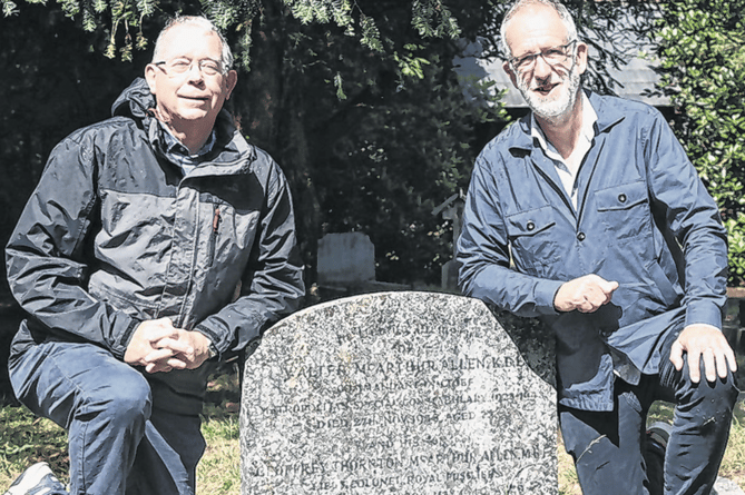 Bruce McLaren, right, with his friend Peter Murphy at the Allen family grave in Brookwood Cemetery. Bruce and Peter are members of the Marylebone Cricket Club (MCC) and Woking and Horsell Cricket Club