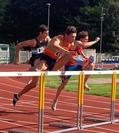 Woking’s Kaspars Kazemaks, foreground, competes in the men’s 110m hurdles in Brighton