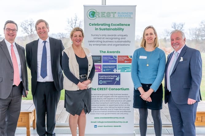 Woking MP Jonathan Lord; Lord Lieutenant of Surrey Michael More-Molyneux; Carol Miller, CREST Awards co-director; Katie Sargent, Surrey County Council Greener Futures group manager and Terry Tidbury, CREST Awards co-director at the launch of this year's awards