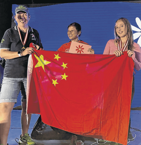 Golden Lady silver medallist Myrianthe Ewington with winner Liao Qingli from China and third-placed Kosovare Leskovci from Kosovo