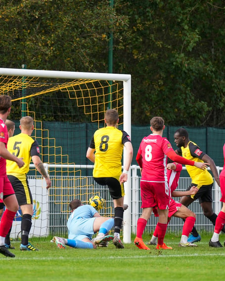 Quincy Rowe, right, gives Westfield the lead against Hungerford Town
