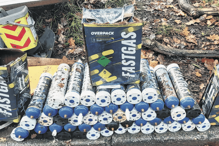 The pile of NOS canisters collected by the Woking Litter Warriors on a recent pick