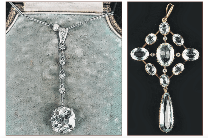 Jewellery being auctioned by Ewbank’s on Wednesday, December 6 includes an Edwardian diamond drop pendant with an old mine-cut diamond, left; and a 19th-century aquamarine and diamond pendant, right
