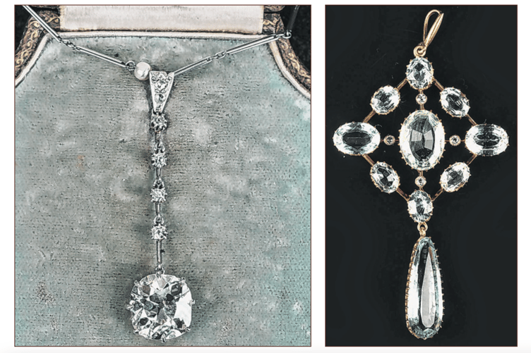 Jewellery being auctioned by Ewbank’s on Wednesday, December 6 includes an Edwardian diamond drop pendant with an old mine-cut diamond, left; and a 19th-century aquamarine and diamond pendant, right