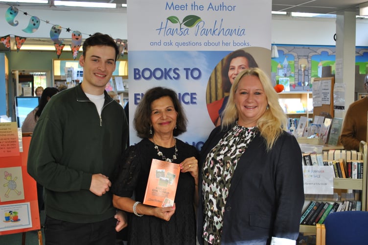 Hansa Pankhania, flanked by councillors Josh Brown and Amanda Boote, at the launch of her latest book