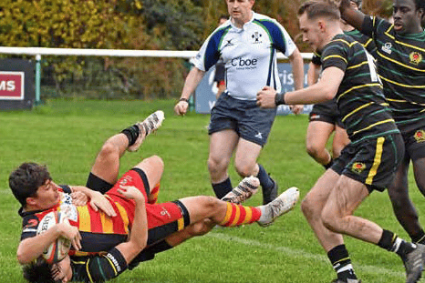 Sam Davies goes over for a try in Chobham’s 46-26 loss to Old Priorians at Fowlers Wells last Saturday in Regional Two Thames
