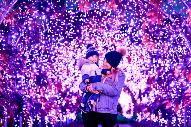 Roxy Dixon, 31 and son Jesse, 1, from Leatherhead admire the stunning lights along Wisteria Walk at the launch of Glow the Christmas Light trail at RHS Garden Wisley.