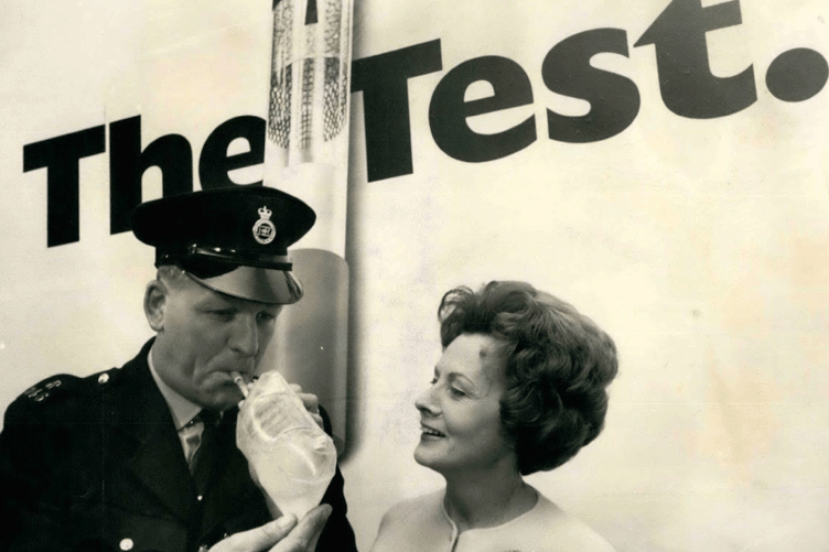 What is believed to be a campaign poster, featuring then-Labour government transport minister Barbara Castle, from the introduction of the breathalyser test in 1967