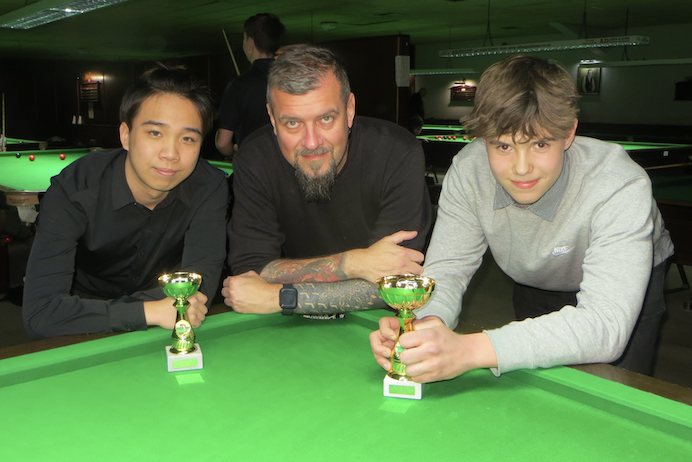Rory Champion, right, with Isaac Wong and Peter Ruddick, manager of event sponsor Woking Snooker Centre