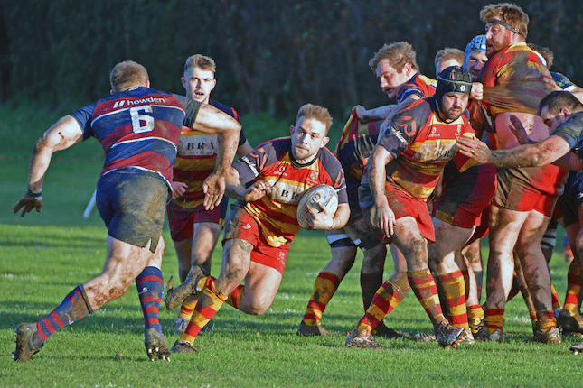 Chobham’s Josh Sheppard makes a break from the back of a scrum during the Regional Two Thames reverse at Old Haberdashers