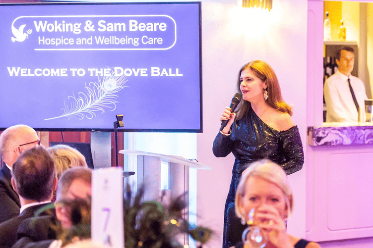Woking & Sam Beare CEO Sian Wicks speaks to guests at the charity’s Dove Ball