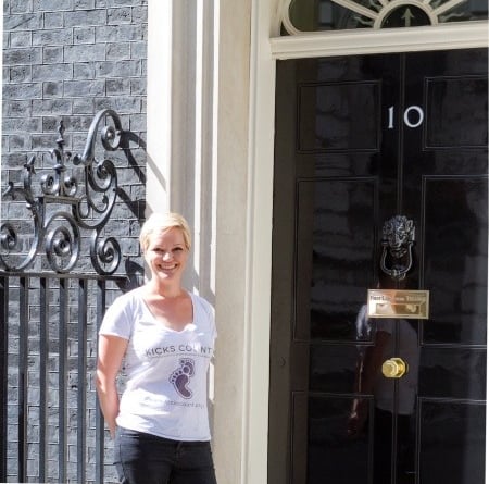 Elizabeth Hutton, CEO of Woking charity Kicks Count, outside Number 10 Downing Street
