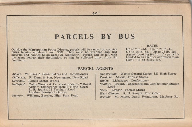 Details of the Parcels by Bus service from the 1949 edition of London Transport’s Local Road & Rail Timetable