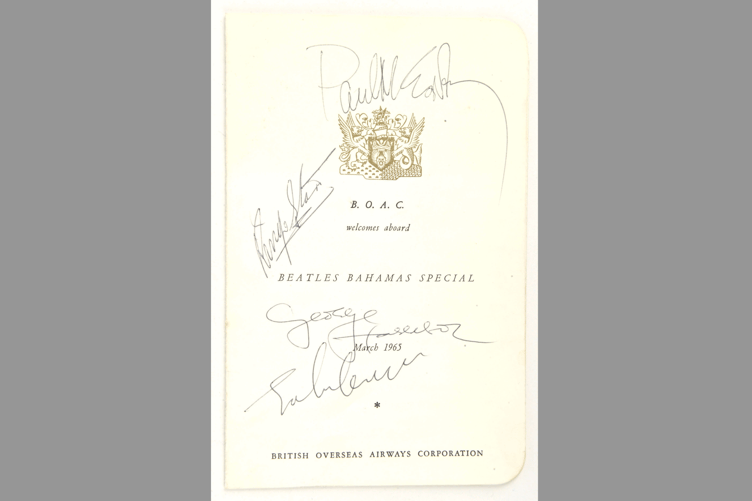 A Beatles Bahamas Special flight menu autographed by Paul McCartney, Ringo Starr, George Harrison and John Lennon sold for £7,800 at Ewbank’s