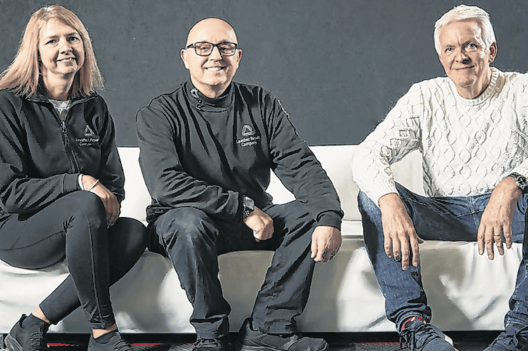 David Huse with Coralynne and Richard Hutchins, from the Leather Repair Company in Hull, who spent months restoring the white leaather sofa to its former glory after 20 years of wear and tear