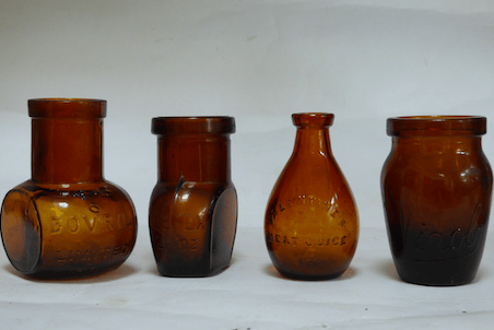 Recovered from the Basingstoke Canal – brown glass bottles that contained meat extract and related products