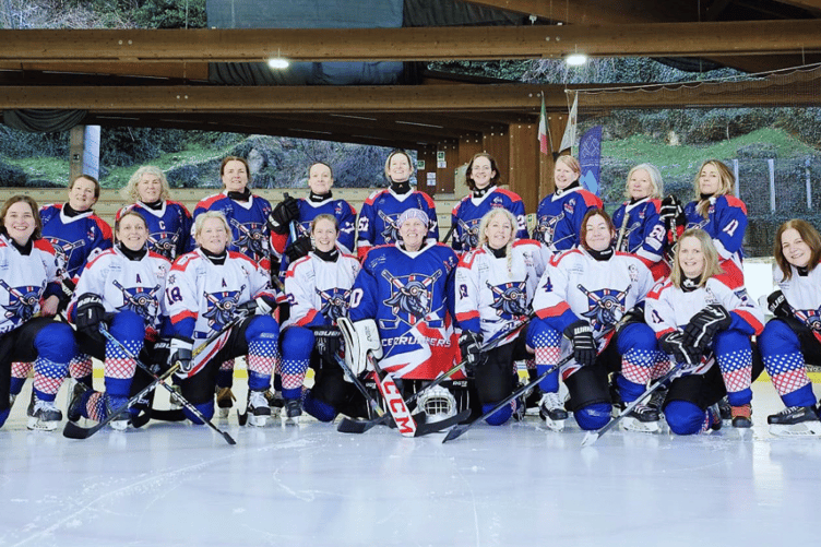 Woking’s Susan Adams, front row, second right, with her Ice Crushers team-mates at the Winter World Masters Games in Chiavenna, northern Italy
