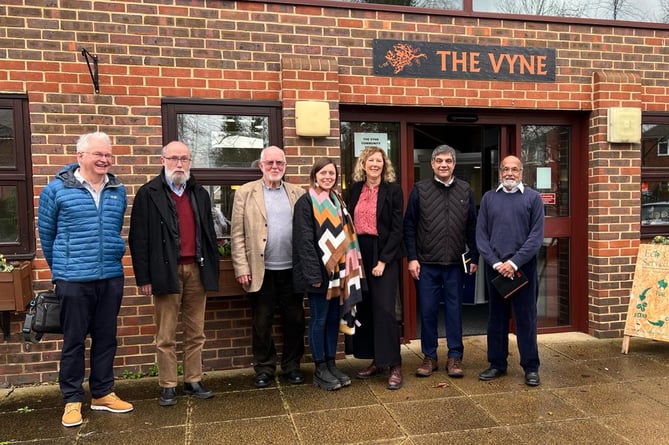 After the meeting to help secure The Vyne’s future. From left, Cllr Steve Greentree, Pieter Lalleman (Knaphill Churches chair),  Phil Stubbs (Knaphill Residents’ Association chair), Karen Davies (Dramatize chief executive), Cllr Ellen Nicholson, Cllr Saj Hussain and Cllr Hassan Akberali