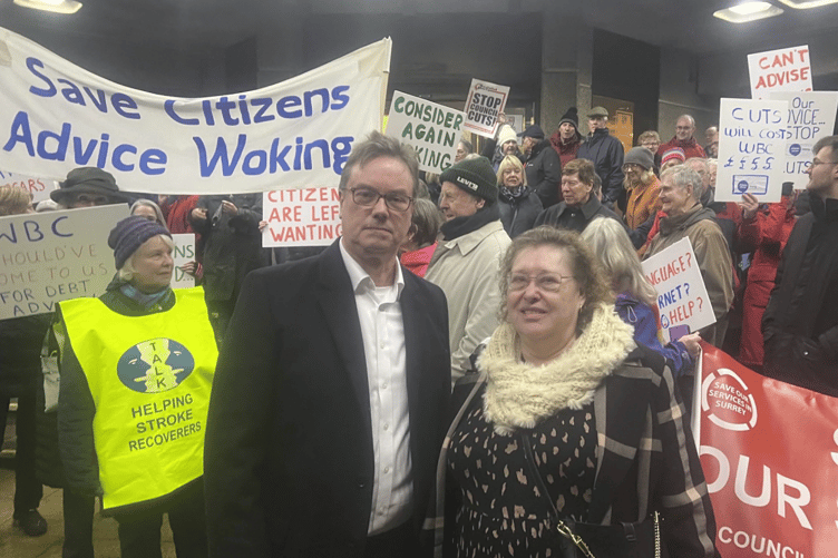 Jonathan Lord joins the protest against cuts to Citizens Advice funding outside the council offices in the town centre last week