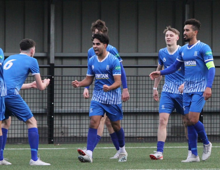 Harvey Dosanjh is congratulated after scoring Sheerwater's third goal v Tooting & Mitcham United, March 9th 2024.