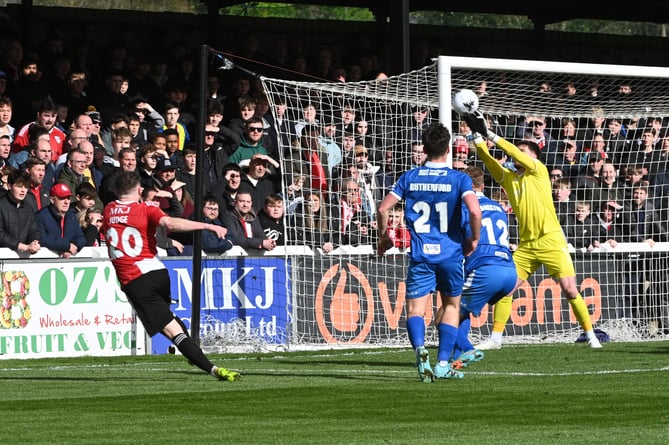 Alan Judge's effort is well saved by Eastleigh keeper Joe McDonnell (Photo: Andy Fitzsimons)