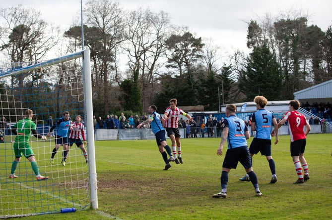 Action from Guildford City's 3-2 defeat at Fleet Town on Saturday, March 23 (Photo: Cosmo Wells)