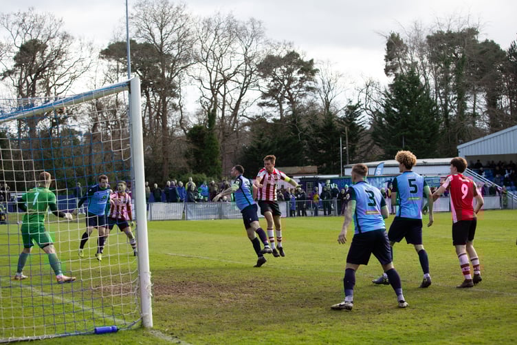 Action from Guildford City's 3-2 defeat at Fleet Town on Saturday, March 23 (Photo: Cosmo Wells)