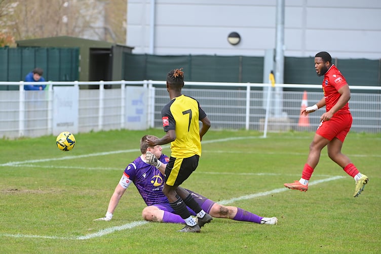 Jamarie Brissett opens the scoring for Westfield against Metropolitan Police (Photo: Andy Fitzsimons)