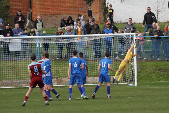 Sheerwater goalkeeper Alfie Mickley makes a spectacular save (Photo: Daniel Eicke)