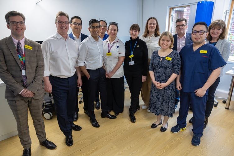 11/04/2024. Woking, United Kingdom. The Prime Minister Rishi Sunak visits Woking Community Hospital where he met staff and spoke with a patient having a bone diagnostic test in the Community Diagnostic Centre. Picture by Simon Walker / No 10 Downing Street