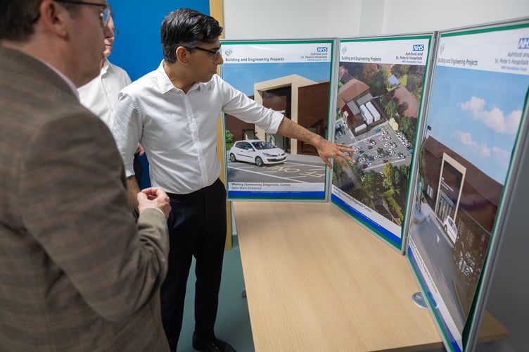 11/04/2024. Woking, United Kingdom. The Prime Minister Rishi Sunak visits Woking Community Hospital where he met staff and spoke with a patient having a bone diagnostic test in the Community Diagnostic Centre. Picture by Simon Walker / No 10 Downing Street