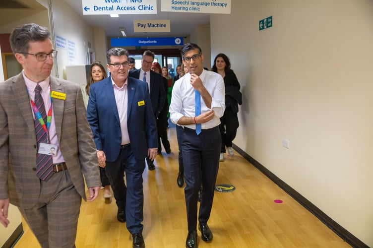 11/04/2024. Woking, United Kingdom. The Prime Minister Rishi Sunak visits Woking Community Hospital where he met staff and spoke with a patient having a bone diagnostic test in the Community Diagnostic Centre. Picture by Simon Walker / No 10 Downing Street