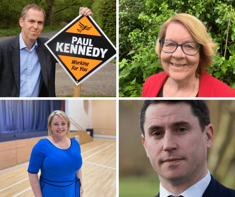 Surrey's four 2024 Police and Crime Commissioner candidates, clockwise from top left: Paul Kennedy (Lib Dem), Kate Chinn (Labour), Alex Coley (Independent), Lisa Townsend (Conservative)