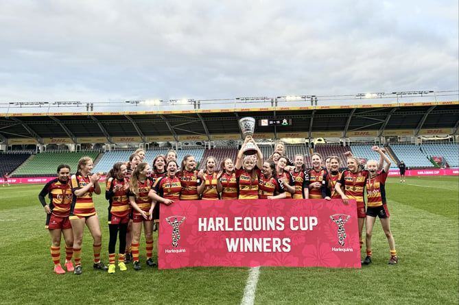 Chobham Rugby Club's under-14 girls celebrate winning the Harlequins Cup at The Stoop, April 23rd 2024.