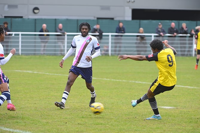Tobi Adaje opens the scoring for Westfield against Corinthian Casuals (Photo: Westfields FC)