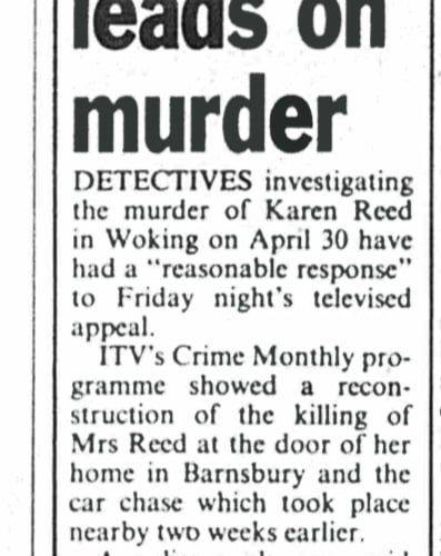 Cutting from the News & Mail reporting public response to TV appeal over the murder of Karen Reed