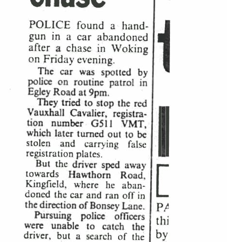News & Mail cutting reporting the handgun found in an abandoned car after a police chase