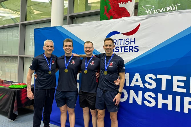 Woking Masters men’s 4x100m freestyle 160-plus years relay team: Mike Hodgson, Henry Goodlud, Jamie Cunningham and Dean Blackman. British Masters Championship, Welsh National Pool, Swansea, April 19th to 21st 2024.