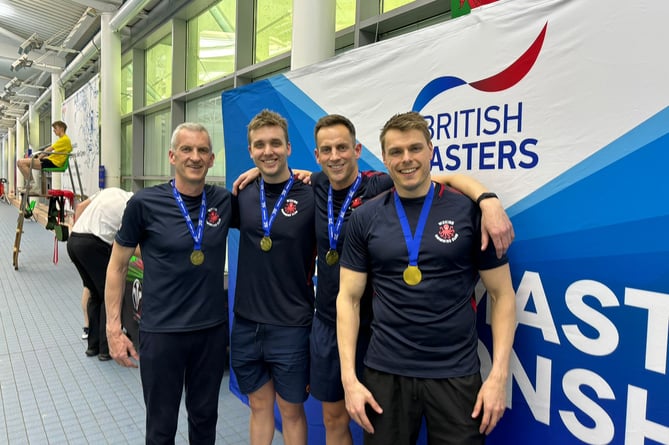 Woking Masters men’s 4x50m medley 160-plus years relay team: Mike Hodgson, Henry Goodlud, Dean Blackman and Alex Smith. British Masters Championship, Welsh National Pool, Swansea, April 19th to 21st 2024.