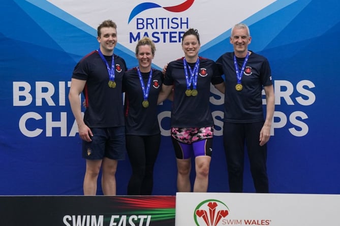 Woking Masters mixed 4x100m medley and 4x100m freestyle 160-plus years relay team: Henry Goodlud, Michelle Ware, Gina Heyn and Mike Hodgson. British Masters Championship, Welsh National Pool, Swansea, April 19th to 21st 2024.
