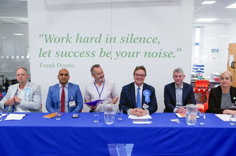 Election hustings at Woking College, left to right, Richard Barker, Reform Party, Tahir Aziz, Labour, Gareth Jones, head of Cultural Studies at Woking College, Jonathan Lord, Conservative, Will Forster,  Liberal Democrat, Nataly Anderson, Green
