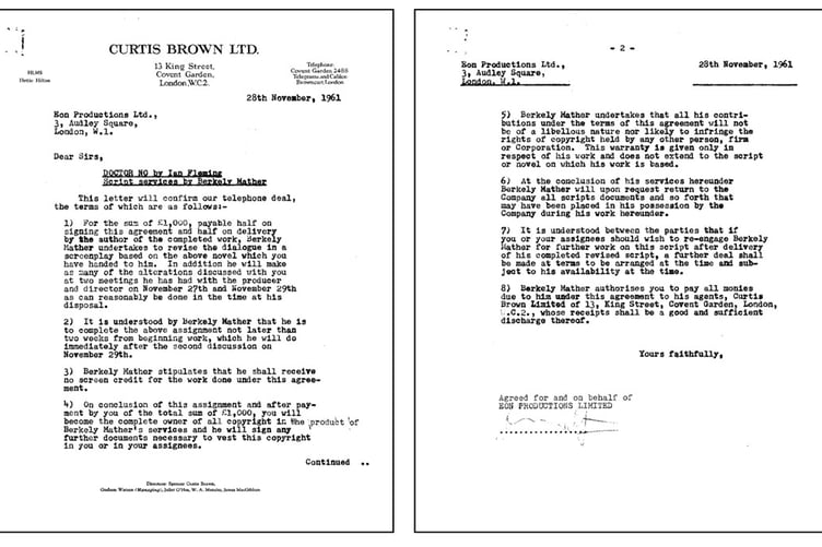 James Bond Doctor No (1962) Original Letter of Contract between Berkely Mather and Eon Productions Ltd., for the Script Services of Berkely Mather, 1961