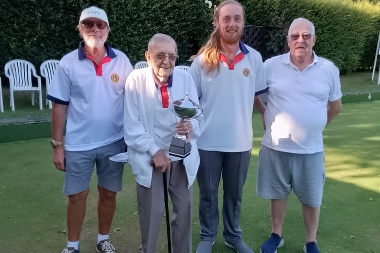 Ron Cheeseman triples internal competition winners Mike Alderman, Steve Blake and Adam Boarer receive the trophy from life member and past president John Francis